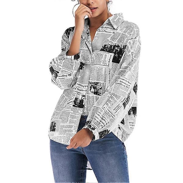 Dame Printede Skjorter Avisprint Langærmede Bluser Black XL
