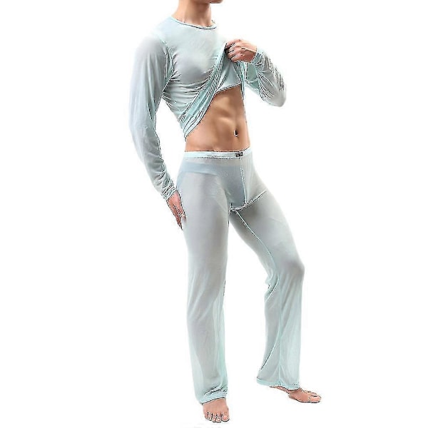 Herr Mesh Genomskinlig Pyjamas Set Sexig Topp + Byxor Underkläder Erotiska Nattkläder Lake Blue L