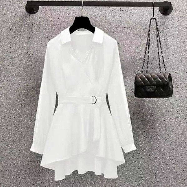 Dame Skjorte med Krave og Asymmetrisk Kant Koreansk Stil Fint Bælte V-Hals Afslappede Toppe Velegnet til Venne Sammenkomster White Long Sleeve 2XL