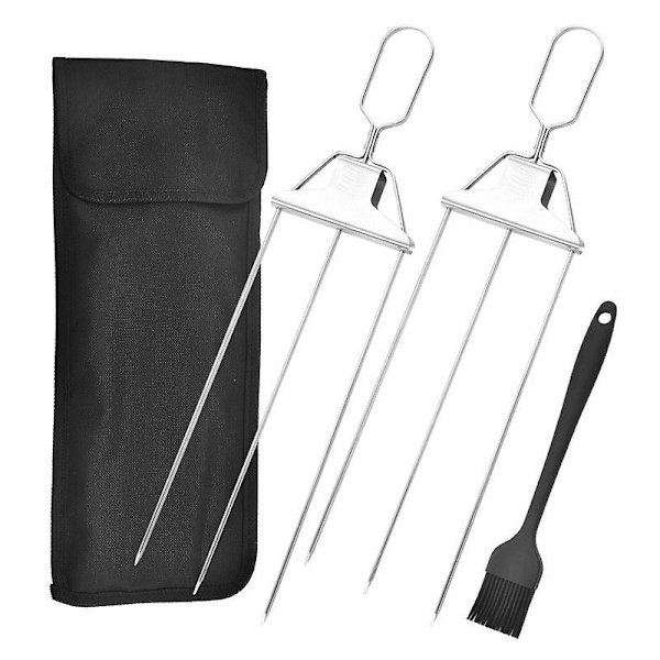 Nya 3-vägs grillspett räkspett för grillning rostfritt stål grillpinnar med tryckstång 3-grenat spett BBQ-pinne kebab 2 fork and  bag
