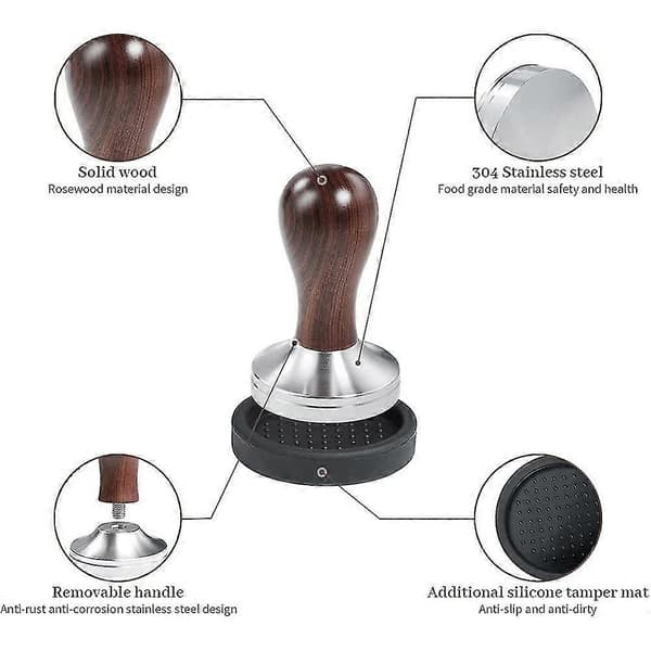 58mm Kaffe Tamper Espresso Press Med Tamper Matte Rustfritt Stål Flat Base Trehåndtak For Kaffe