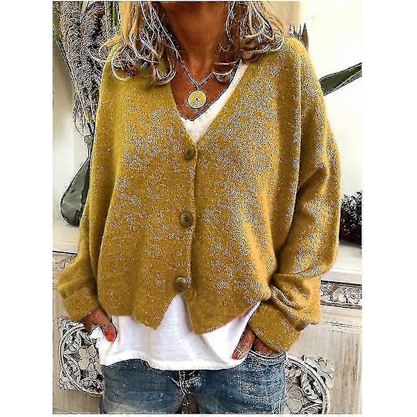 Damtröja Stickad Casual V-ringad Enfärgad Kofta Yellow L