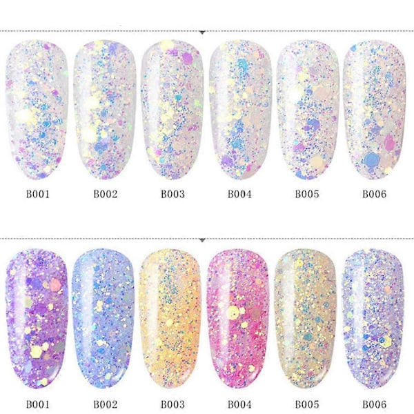 6 stk. Negl Glitter Pulver Neglelakk Paljetter Fargerik Blandet Negl Fint Pulver Paljetter (B001+B002+B003+B004+B005+B006)