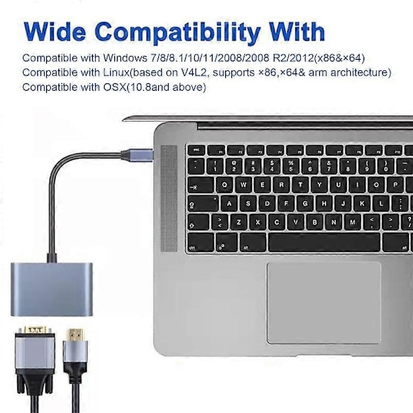 Type-C Hub Adapter 2 i 1 4K 1080P Utgång Ultra Klar Anti-interferens Stabil Signal Skärmexpansion Professionell Type-C till HDMI-kompatibel VGA Docka