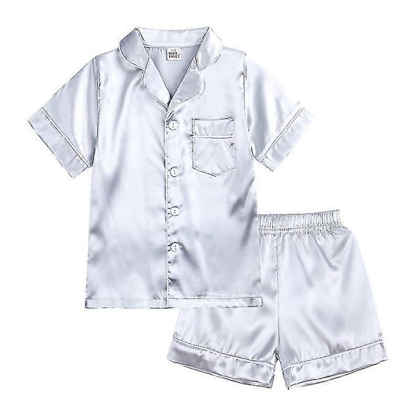 Barn Småbarn Baby Flicka Pojke Satin Pyjamas Set Lång Kort Ärm Knäppning Pyjamasskjorta Topp+byxor Underdelar Sovkläder Outfits Style A Silver 10-11 Years