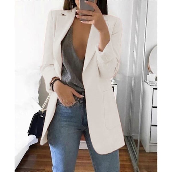 Dame Revers Arbejde Kontor Blazer Jakke Casual Langærmet Overtøj Hoftelang White 2XL