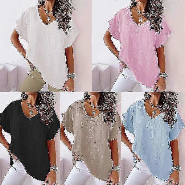 Dame Bomuld Linned Tunika Toppe Kvinder V-Hals T-Shirt Løs Bluse Plus Størrelse P20211224421 white 2XL