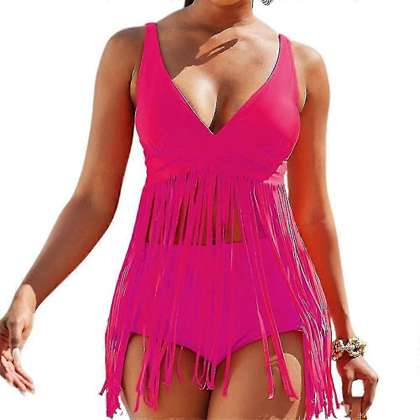 Tankini Bikini Set med Tofsdetaljer för Kvinnor, Hög Midja Rose Red M