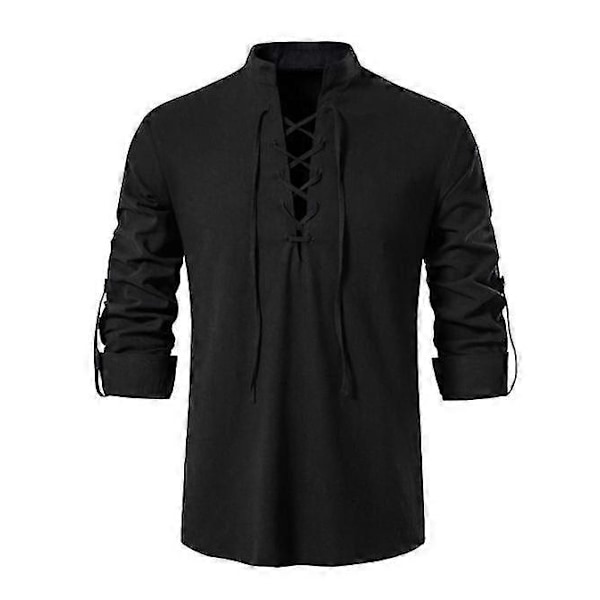 Miesten Henry-paita, pitkähihainen, puuvilla-pellava, rento, pystykaulus Black XL