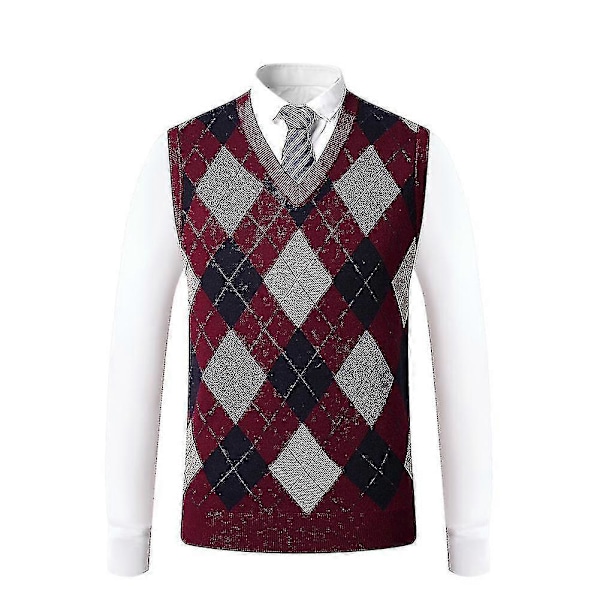 Herre Cashmere Pullover Uldblanding Ærmeløs Strik V-hals Sweater M Wine red