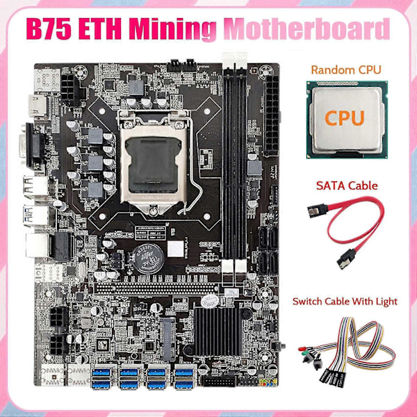 B75 Eth Mining Bundkort 8xpcie Til Usb+tilfældig Cpu+dobbelt Switch Kabel Med Lys+sata Kabel Lga1155