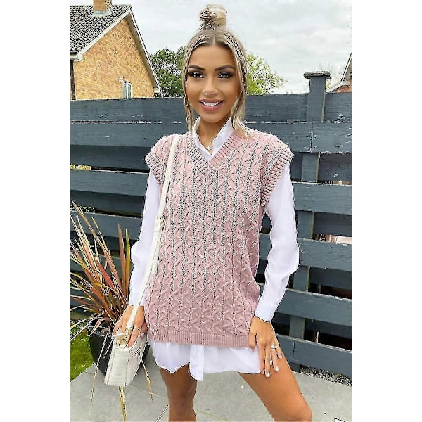 Dame Kabelstrikket Ærmeløs Vest Strikket Jumper Tank Top Trøjer s20241212251 Pink 3XL