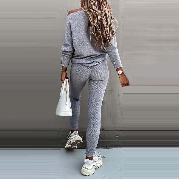 Kvinnor Vanlig Casual träningsoverall långärmad T-shirt Leggings Skinny Pants Outfit Set Light Grey M