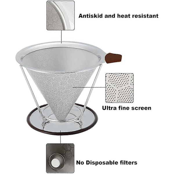 Häll över kaffefilter, återanvändbart häll över kaffefilter kon kaffebryggare med hållare
