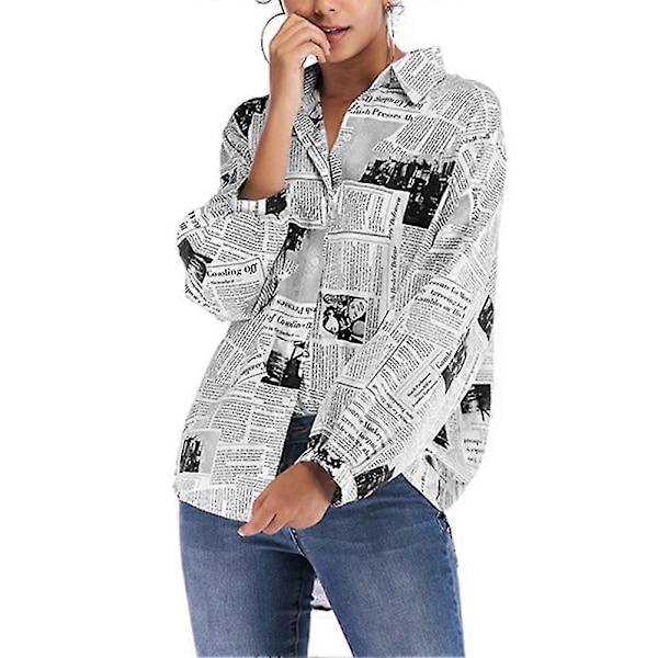 Trykte skjorter for kvinner, avistrykte langermet bluser Black M