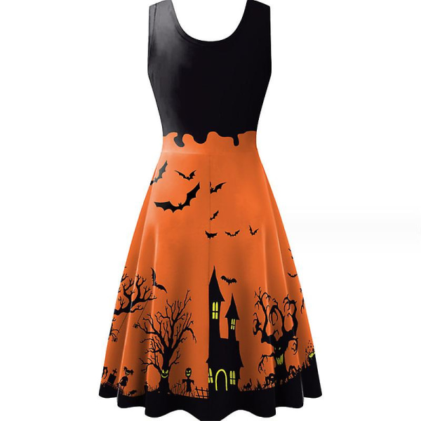 Halloween Dam Sommar Slim Ärmlös Rund Hals A-linje Utställd Solklänning ORANGE M
