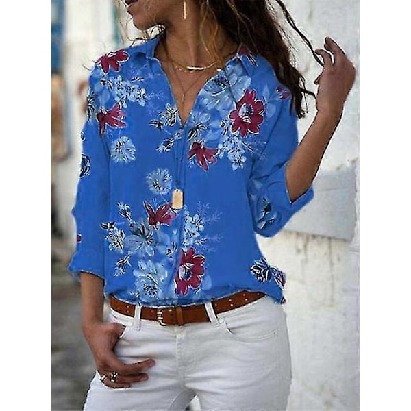 Elegant Chiffonbluse til Kvinder i Store Størrelser med Nedfaldskrave - 2023 Afslappet og Arbejdstøj i 5xl Blue-long sleeve XXL