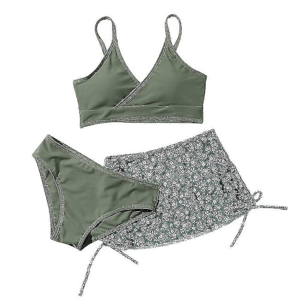 Sommar Tankini Set för Små Flickor, 3 Delar/set, Strand Surf Badkläder 8-12 År, Vadderad Bikini Baddräkt Set för Barn green 130