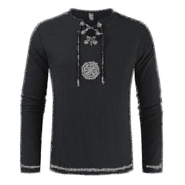 Figursyet linnedskjorte til mænd, middelalder tunika pirat udklædning black XL