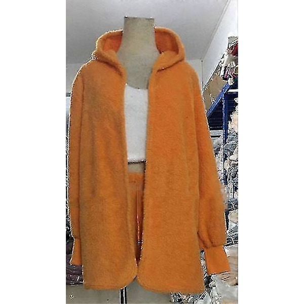 3 stk. Plys Pyjamas Sæt Dame Plys Vest Frakke Shorts Afslappet Loungewear Sæt Orange M
