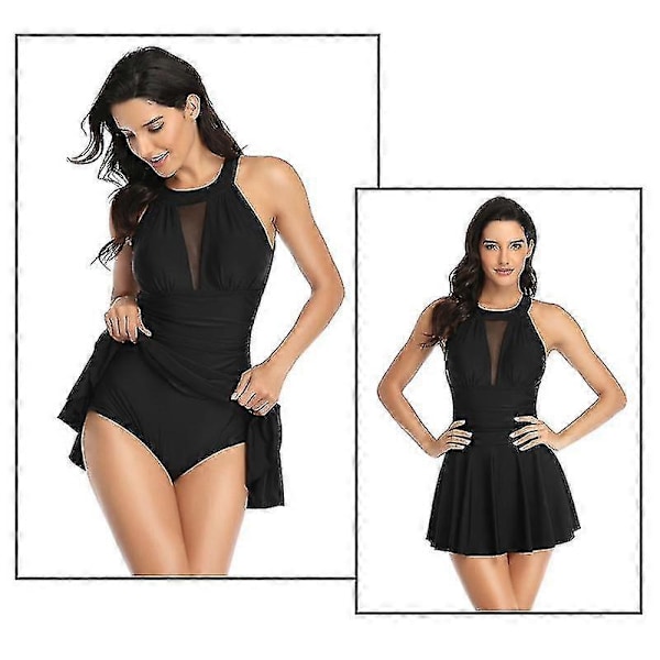 Dam Baddräkt Hel Baddräkt Hög Hals Retro Mesh Rynkad Mage Kontroll Baddräkter Kjol Plus Size Baddräkt Klänning Black M