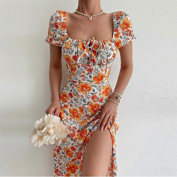 Elegant sød blomsterprint kjole til kvinder sommerkjoler stropløs kort pufærme slank søm slids maxikjole Orange Red M