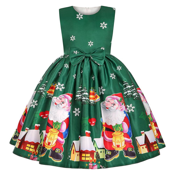 Jul Barn Flickor Ärmlös A-linje klänning Print Bowknot Swing Skater Klänningar Kvällsjulfest Balklänning Kostym Green 5-6 Years