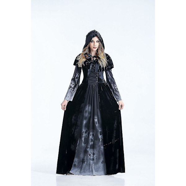 Halloween Karneval Kranieprint Lang Kjole Heks Dronning Kostume Kostume Høj Kvalitet 2XL