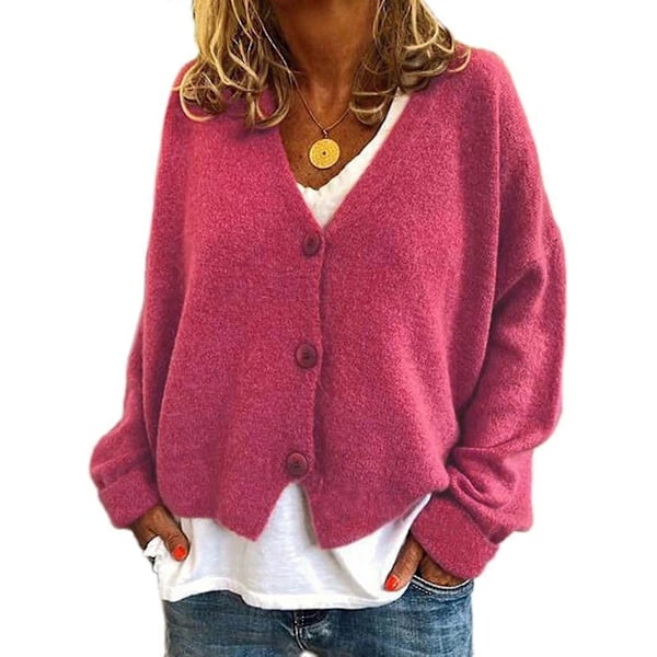 Damtröja Stickad Casual V-ringad Enfärgad Kofta Rose Red L