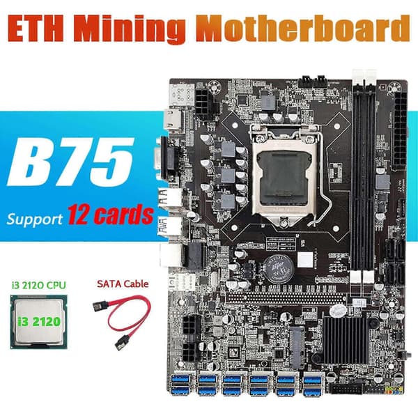 B75 Eth Mining Hovedkort+i3 2120 Cpu+sata Kabel Lga1155 12 Pcie Til Usb Adapter Msata Ddr3 B75 Usb