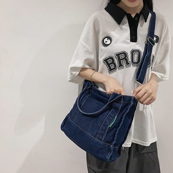 Stor Kapacitet Mode Denim Messenger Taske Dame Retro Skuldertaske Lightblue