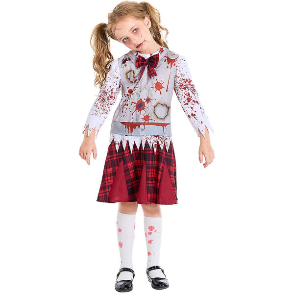 Flickor Zombie skoldräkt Uniform Barnvampyrdräkter Skrämmande Halloween kostym för barn Zombie skolpojkdräkter Girl Red S