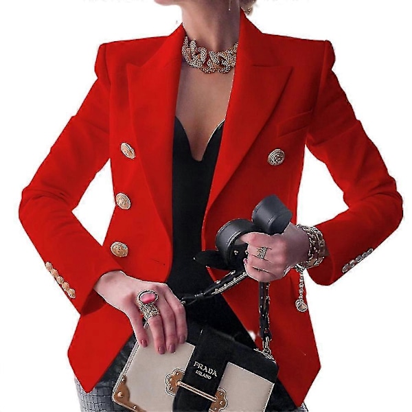 Dame Dobbeltradet Blazer Langærmet Reversfrakke Mode Afslappet Formel Slim Fit Jakke Overtøj February5 Red M