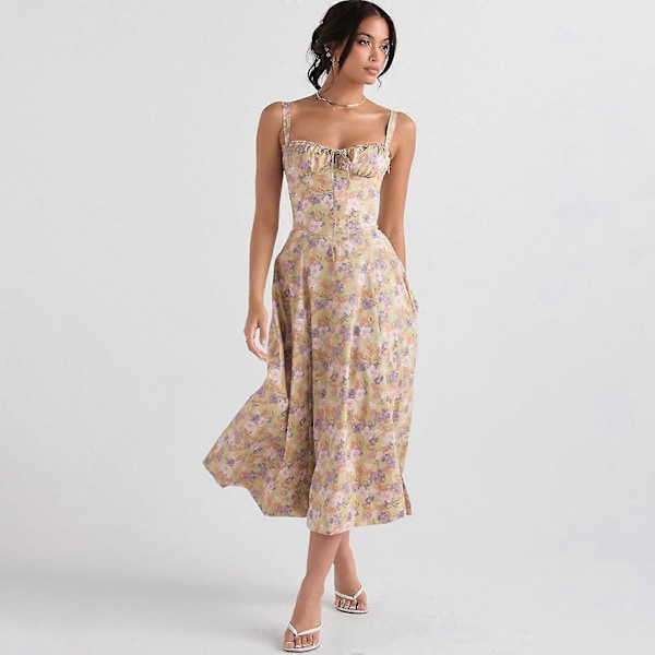 Dame Sommer Blomstret Rygløs Maxikjole Sexet Ærmeløs Lavt Skåret Kjole Bodycon Spaghetti Strop Lang Kjole, 40% Rabat Blue XS
