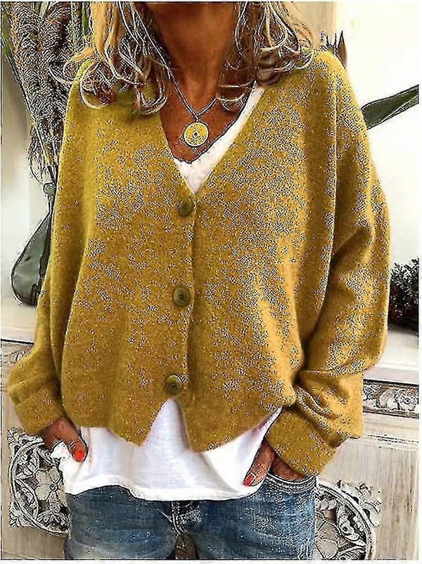 Damtröja Stickad Casual V-ringad Enfärgad Kofta Yellow M