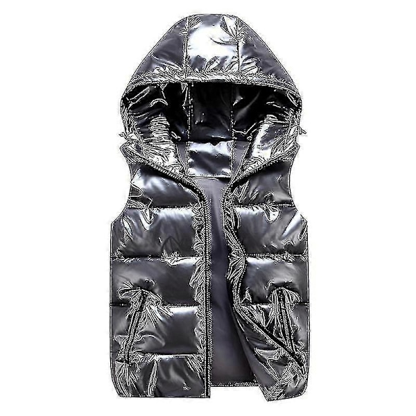 Unisex Kiiltävä Pehmustettu Liivi Hupulla Pystykauluksella Miehille ja Naisille Grey XL