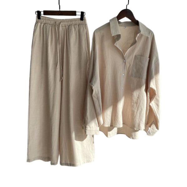 Kvinnor långärmad skjorta kostym Casual blus + elastisk midja Byxor med vida ben Byxor Outfit Set Apricot XL