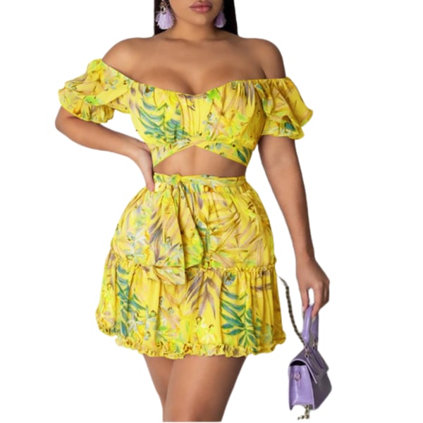 Kortärmad klänning kostym mode sexigt print puffärm tie klänning yellow S