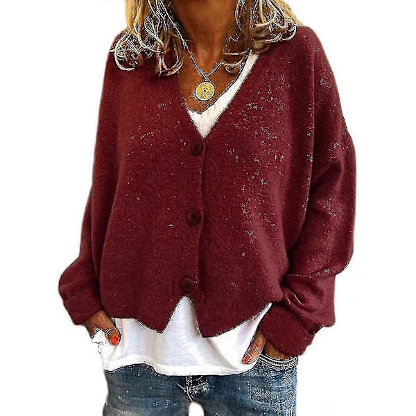 Damtröja Stickad Casual V-ringad Enfärgad Kofta Wine Red L