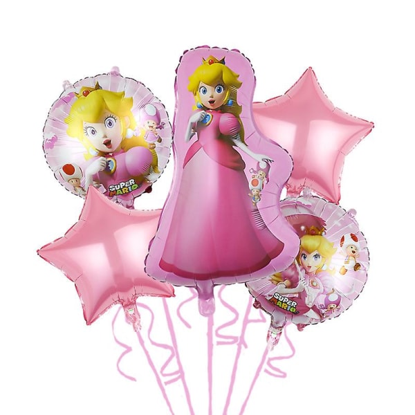 Super Mario Bros Set Princess Peach Ballonger Kostym Festdekoration Rosa Dekorativa fototillbehör Födelsedag Baby Shower 5pcs set-F