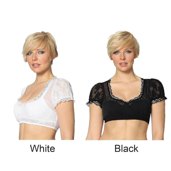 Elegant Dirndlblus för damer, svart dirndlblus, spetsblus för Oktoberfest White XL