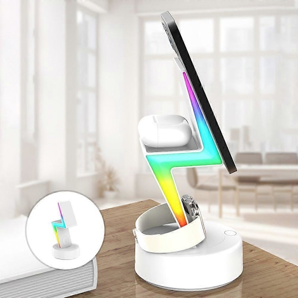 3-i-1 Trådløs Lader med RGB-Lys Magnetisk Hurtiglading Intelligent Gjenkjennelse Laderstativ Kompatibel Iphone/Kompatibel Iwatch/Kompatibel Ai
