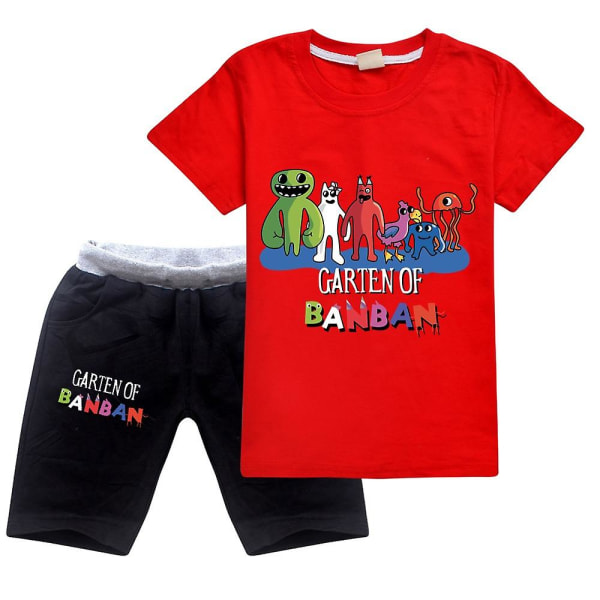 Baby Flickor Pojkar Cartoon Garden Of Banban Barn Bomulls Kortärmade Toppar+shorts Set Sommar Barn Träningsoverall Sportkläder Set red black 130cm