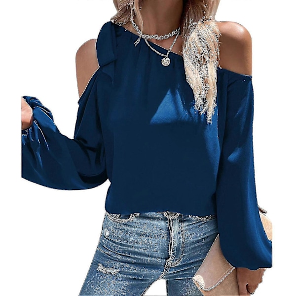 Dam Topp Cold Shoulder Knytblus Enfärgad Lykta Ärm Elastisk Manschett Chiffong Elegant Casual Blus Skjorta Navy Blue M