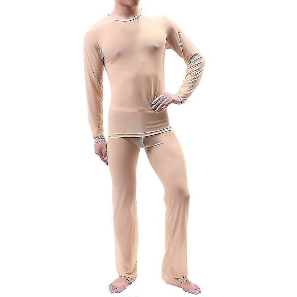 Herr Mesh Genomskinlig Pyjamas Set Sexig Topp + Byxor Underkläder Erotiska Nattkläder Skin Colour L