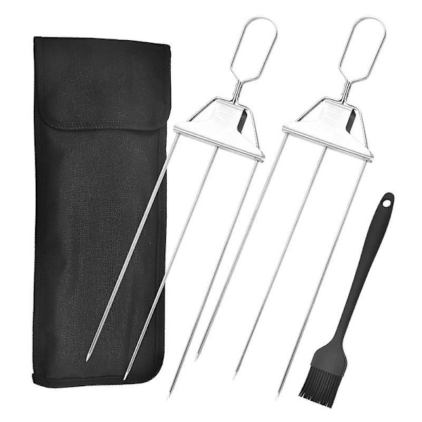 Nya 3-vägs grillspett räkspett för grillning rostfritt stål grillpinnar med tryckstång 3-grenat spett BBQ-pinne kebab 2 fork and bag brush