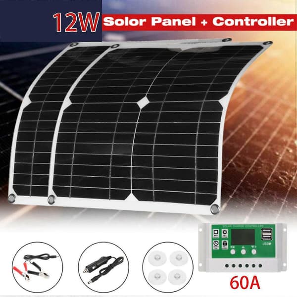 2x 12w Solpanel Kit 60a 12v Batterioplader Med Controller Campingvogn Båd