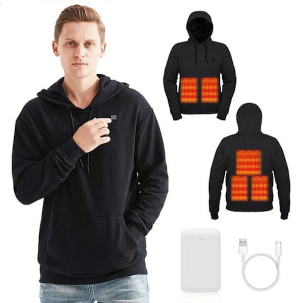 Uppvärmd Hoodie Tröja Varm Herr och Dam USB Uppvärmda Kläder Batteri Ingår Black L