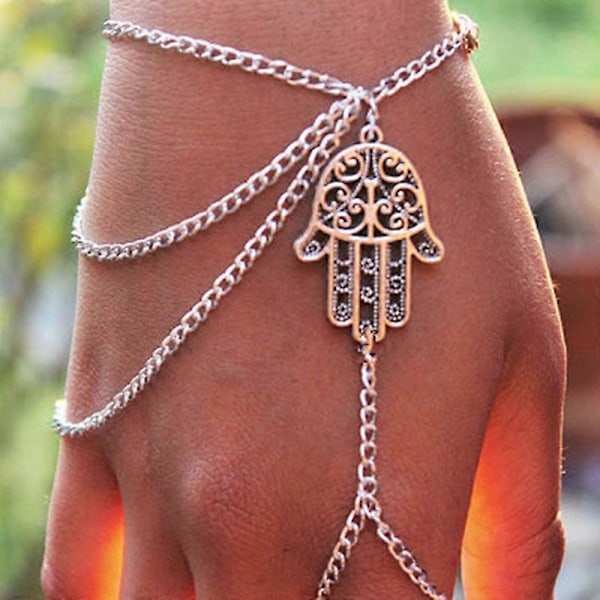 Hamsa Hand Asymmetrisk Slav Tofs Kedja Sele Fingerring Armband för Kvinnor