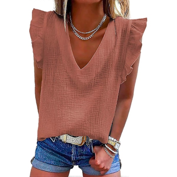 Dame Sød V-hals Flæse Ærmeløs Skjorte Elegant Tanktoppe Bluser S-2xl Style1 S